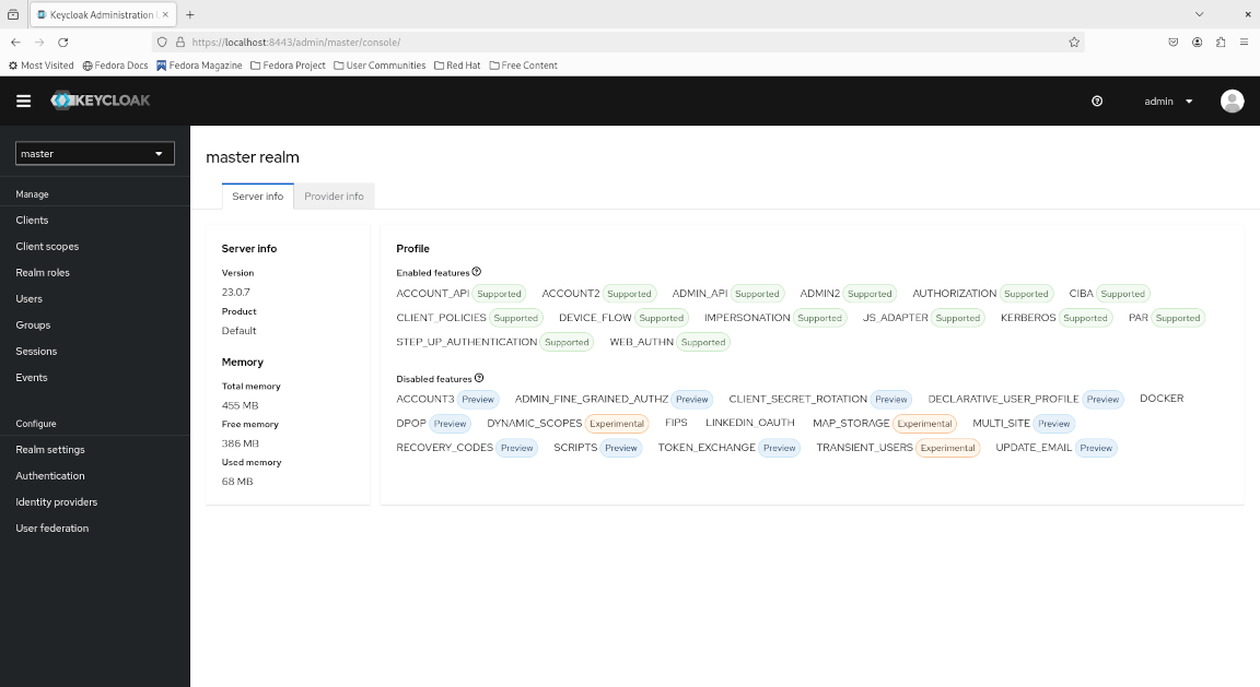 Keycloak master realm administrator console