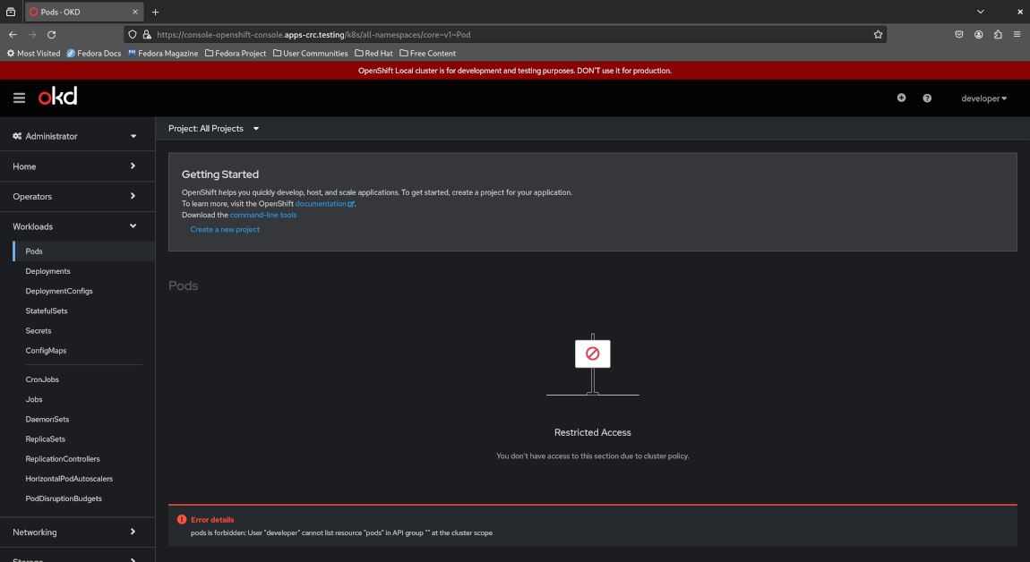 OpenShift web admin pods - restricted view for developers