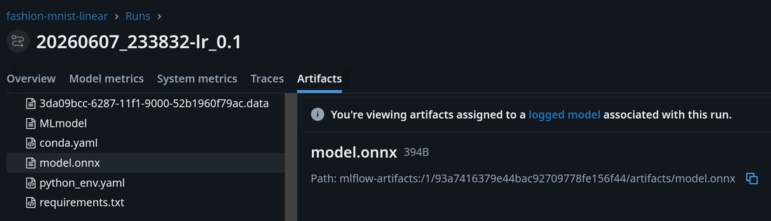 MLflow ONNX model artifact for 2nd run