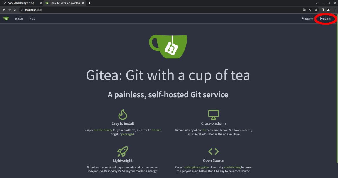 Gitea landing page with sign in button