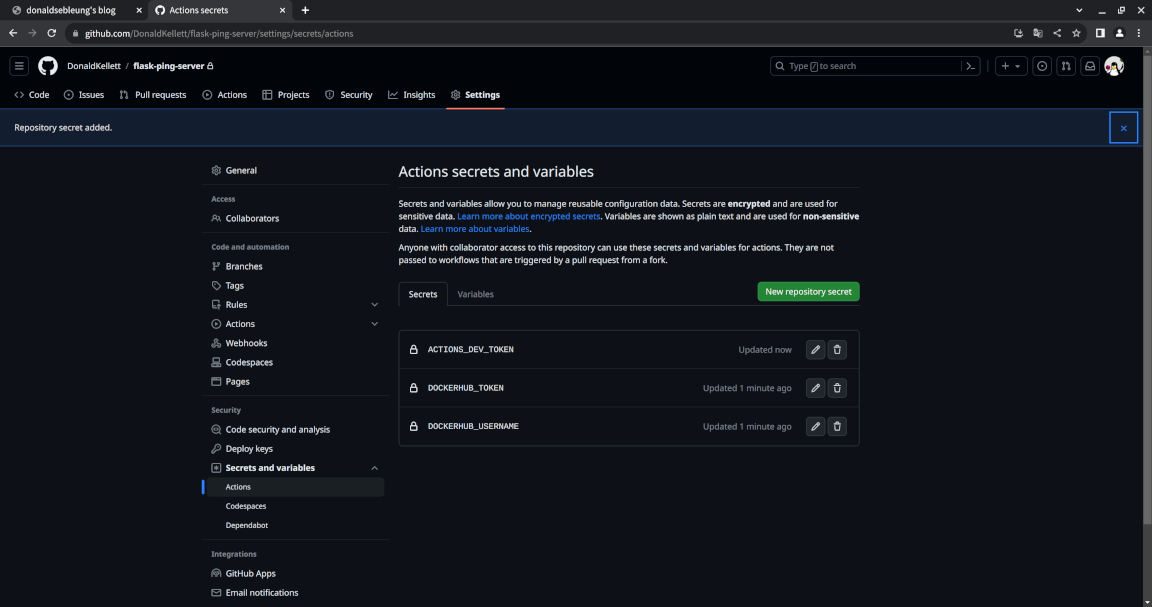 Repository secrets added for GitHub Actions