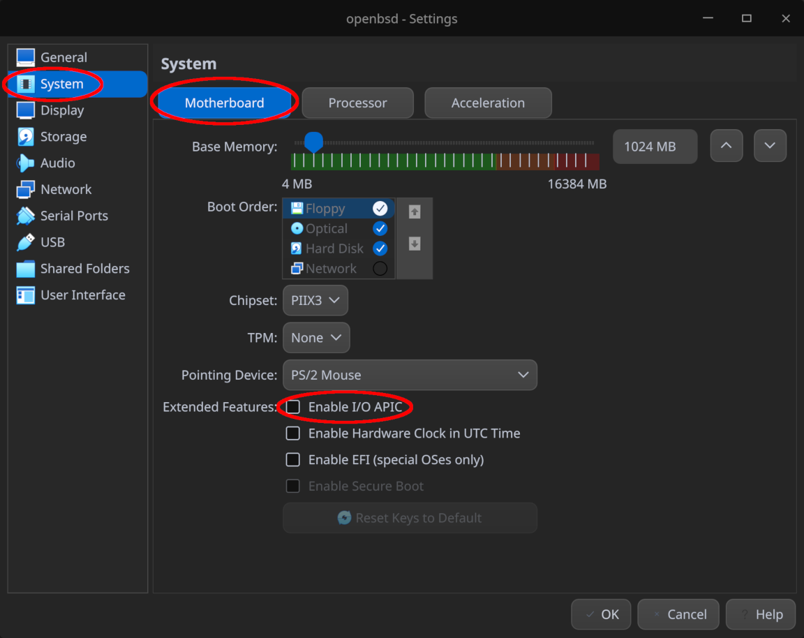 Uncheck "Enable I/O APIC" option under "System > Motherboard"