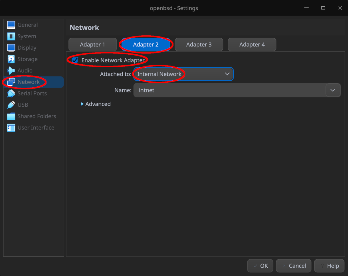 Ensure the second network adapter is enabled and connected to internal network "intnet"