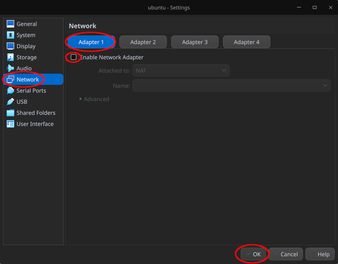 Disable "Adapter 1" for our web server before the installation