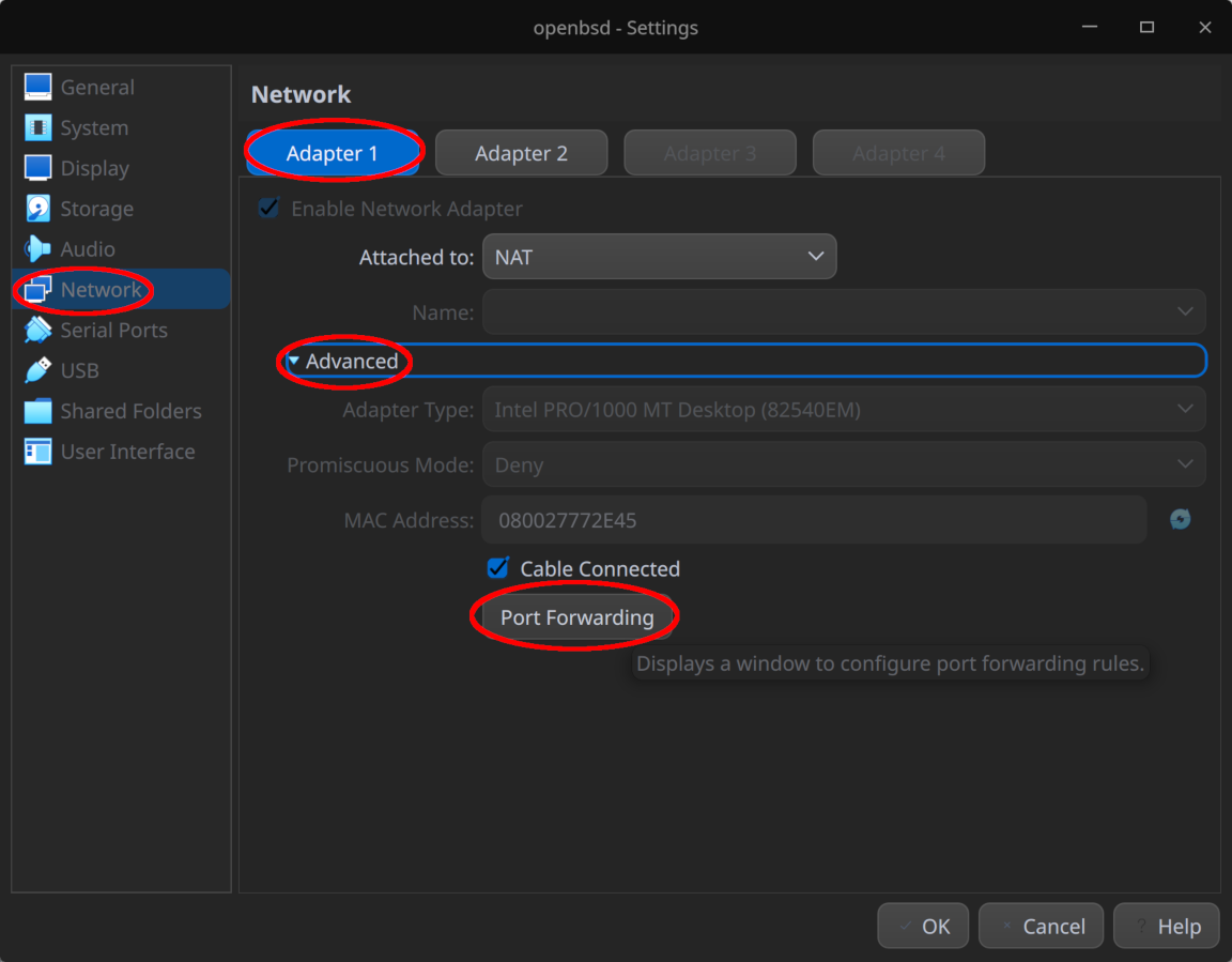 Configuring port forwarding on our VirtualBox host